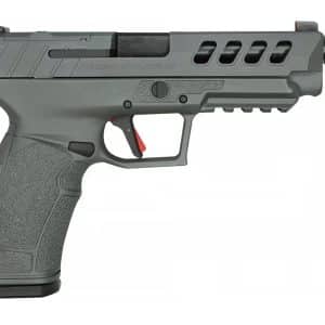 Gray semi-automatic pistol with textured polymer grip and red trigger safety—profile view.