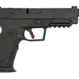 Black semi-automatic handgun in profile view with a textured grip, accessory rail, and red trigger