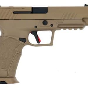 Tan semi-automatic pistol shown in profile with black sights and a red trigger safety, viewed from the left side.
