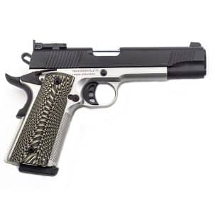 Semi-automatic pistol with a two-tone silver frame, black slide, and patterned grip on a white background.