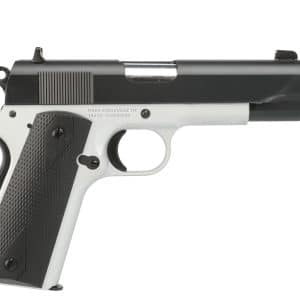 Side view of a black and silver semi-automatic pistol with a textured grip on a white background.