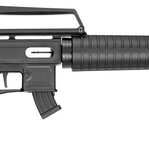 Black tactical rifle shown in profile with adjustable stock, carry handle, and long barrel.