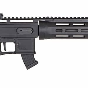 Black semi-automatic rifle with adjustable stock, pistol grip, and long quad-rail handguard shown in profile.