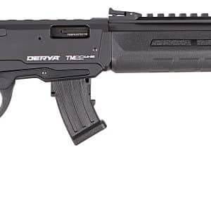 Black synthetic-stock, pump-action, double-barreled shotgun with a long barrel and fore-end grip; includes a top rail for mounting accessories