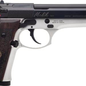 Side view of a two-tone semi-automatic pistol with a wooden grip and black slide, shown from the left.