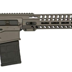 Tan AR-style rifle with collapsible stock, long free-floating handguard, and a detachable box magazine (likely 30 rounds) in a side-view profile.