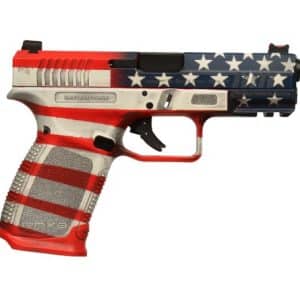 Semi-automatic pistol painted with an American flag pattern on the slide and grip, isolated on a white background.