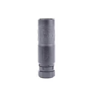 Close-up of a black cylindrical flashlight with a knurled grip and segmented tail cap.