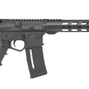Black semi-automatic rifle with adjustable stock, long modular handguard, pistol grip, and a detachable magazine.