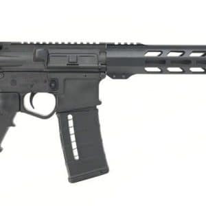 Black semi-automatic rifle with adjustable stock, pistol grip, long vented handguard, and magazine inserted, facing right.
