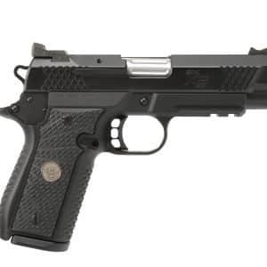Side view of a black semi-automatic pistol with textured grip and silver slide, shown against a white background to emphasize details.
