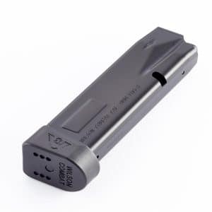 Wilson Combat 9mm Luger pistol magazine viewed at an angle, showing the base and feed lips