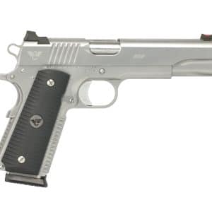 Side view of a silver semi-automatic pistol with a black textured grip and red sights badge on top rail