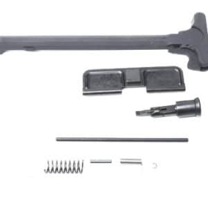 Set of replacement brake pads and mounting hardware with a small removal tool and spring.