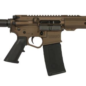 Tan semi-automatic rifle shown in profile with adjustable stock, pistol grip, and long handguard with a detachable magazine