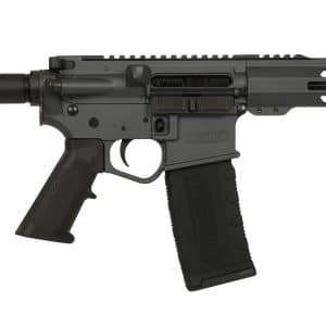 Side view of a black semi-automatic tactical rifle with adjustable stock, pistol grip, and modular handguard