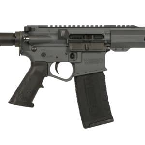 Gray semi-automatic rifle with collapsible stock, Picatinny rail, and ventilated handguard viewed from the left side