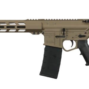 Desert-finish AR-style rifle with a long ventilated handguard, black pistol grip, and adjustable stock in profile view.
