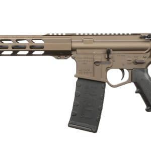 Tan and black AR-style rifle with a long vented handguard and detachable magazine, shown in profile on a white background.