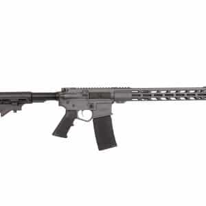 Side view of a black modern sporting rifle with adjustable stock, pistol grip, and an elongated, vented handguard with a top Picatinny rail.