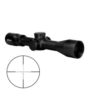 Black riflescope with adjustment turrets and a large front lens, shown with a circular crosshair reticle for precision aiming.
