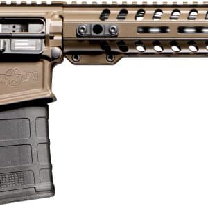 AR-style rifle in profile with tan receiver, black stock and grip, and lengthy vented handguard with magazine attached.