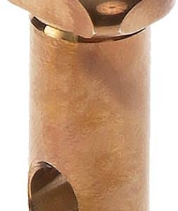 Close-up of a brass valve core with a rounded head and a small curved tab.