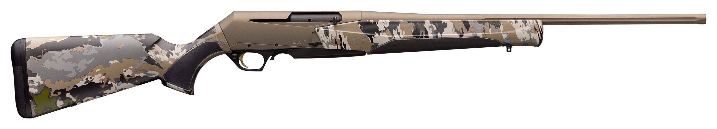 Camouflage-pattern bolt-action hunting rifle with a long tan barrel and stock against a white background.