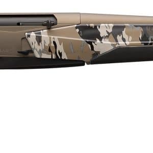 Camouflage-pattern bolt-action hunting rifle with a long barrel and synthetic stock tied to a black grip area.