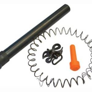 Parts of a repair kit: a long black rod, a coiled metal spring, small black clamps, and an orange plastic pin on a white background.