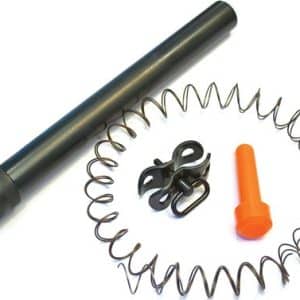 Assorted replacement parts on a white background: a long black cylindrical rod, a large metal coil spring, a black clip, and an orange plastic pin.