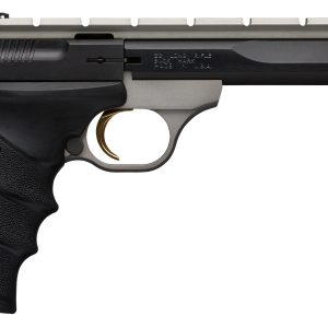 Side view of a semi-automatic pistol showing the grip and long silver-gray slide with a gold trigger inside the trigger guard.