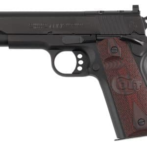 Side view of a Colt automatic pistol with a dark metal slide and reddish-brown checkered grip.