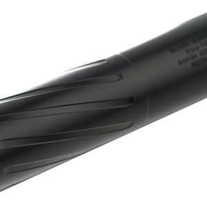 Black cylindrical firearm suppressor with a threaded end on a white background, showing its ribbed exterior.