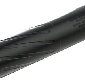 Black firearm suppressor (silencer) with a threaded end, shown at an angle on a white background.
