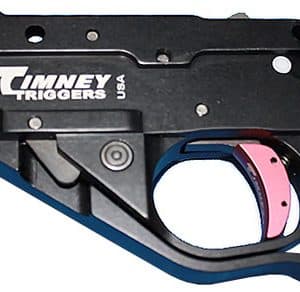 Timney Triggers firearm trigger assembly, black housing with blue frame and pink insert visible.