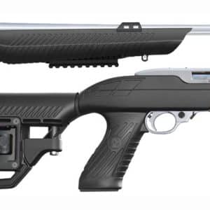 Side view of a black modern air rifle with a long top barrel and textured pistol grip.