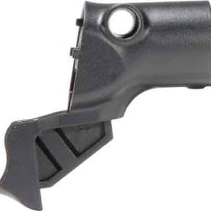 Black plastic automotive latch component with a circular mounting hole and a claw-like end.