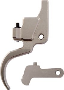 Close-up of metal bicycle derailleur parts (rear derailleur mechanism and mounting plate) on a white background.
