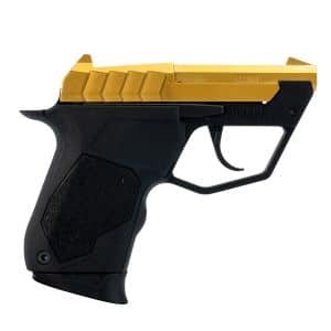 Close-up of a black semi-automatic pistol with a gold-metallic slide and 22 LR marking on the side, shown in profile