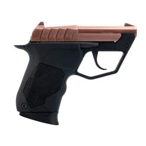 Copper-colored slide on a black semi-automatic pistol, side view, with serrated grip area visible.