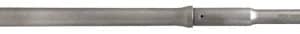 Long metal firearm barrel with attached hardware and a threaded muzzle on the right side.