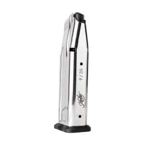 Chrome pistol magazine standing upright with a black baseplate on a white background