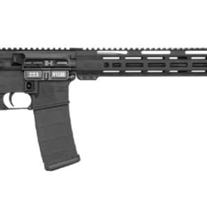 AR-15–style black rifle with adjustable stock, pistol grip, and a long modular handguard with a detachable magazine in place.