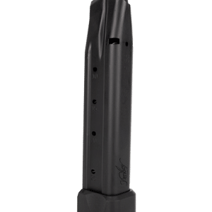 Black handgun magazine standing upright with a sturdy rectangular baseplate and side witness holes along the body.