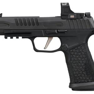 Right-profile view of a black compact semi-automatic pistol with textured grip and accessory rail (P365).