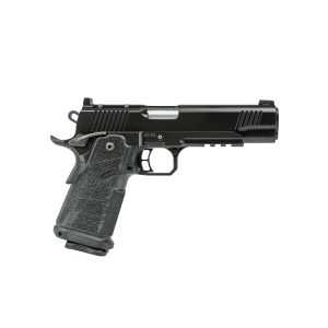 Side view of a black semi-automatic pistol with textured grip and silver slide, facing right