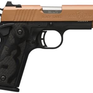 Copper-colored slide semi-automatic pistol with black polymer grip, shown in left-side profile with trigger guard visible.