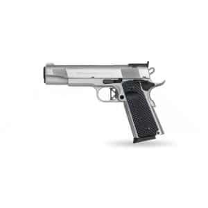 Side view of a silver semi-automatic pistol with a textured black grip against a white background.
