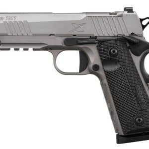 Side view of a silver SIG SAUER 1911 semi-automatic pistol with a textured black grip and visible sights.